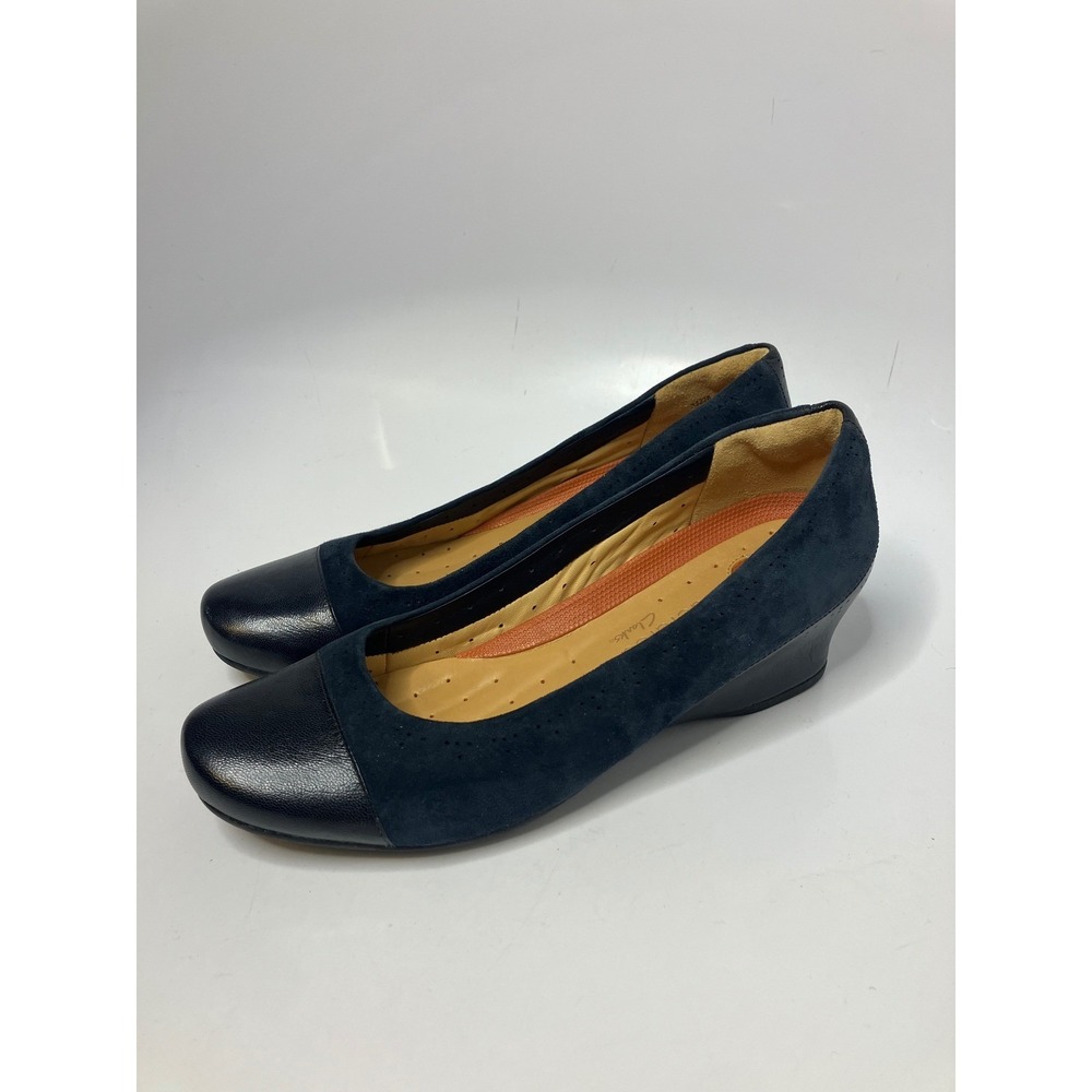 Clarks unstructured navy blue suede wedge pumps women's size 10 professional